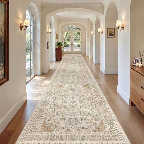 Madane Hallway Runner Rug 3x20 Washable Kitchen Runners 20ft, Beige/Blue - Image 3