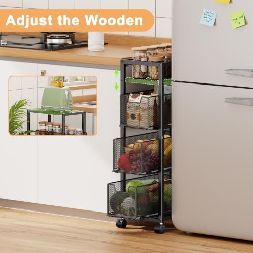 4 Tier Narrow Kitchen Rolling Cart, 9.1" Wide Slim Kitchen Storage Cart with Pull-Out Baskets, Adjust Pantry Organizer and Storage Cart with Wheels, Multifunctional Fruit Vegetable Spice Storage Cart - Image 4