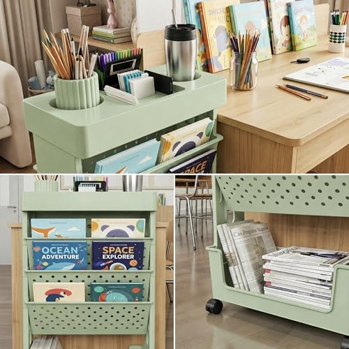 5-Tier Rolling Bookshelf Magazine Rack with Wheels Green - Image 6