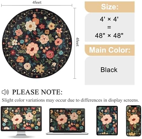 DUKINO 4ft Round Rug, Floral Washable Small Round Area Rug Non Slip, Black - Image 2