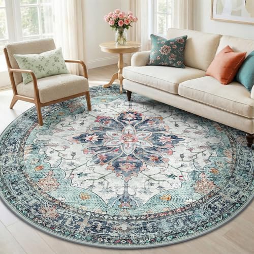 RELEANY Washable Area Rug, Round 6ft, Teal Green/White/Navy by RELEANY