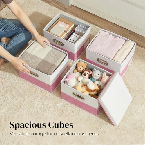PRANDOM Storage Bins with Lids [3-Pack] Linen Fabric Foldable Storage Boxes Organizer Containers Baskets Cube with Cover for Bedroom Closet Office Pink&White（11.4X8.6X6.7 - Image 3
