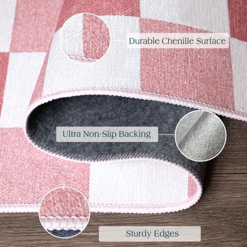 Pink White Checkered Entry Rug - 3x5 Non-Slip Indoor Outdoor Rugs - Image 2