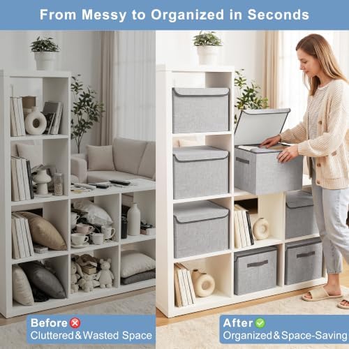 Bagnizer Linen Fabric Foldable Storage Cube Bin Organizer Basket with Flip-Top Lid & Handles, Large Clothes Blanket Box for Home, Office, Closet, Light Gray, 4 Pack 14.6 x 9.5 x 9.5” - Image 2