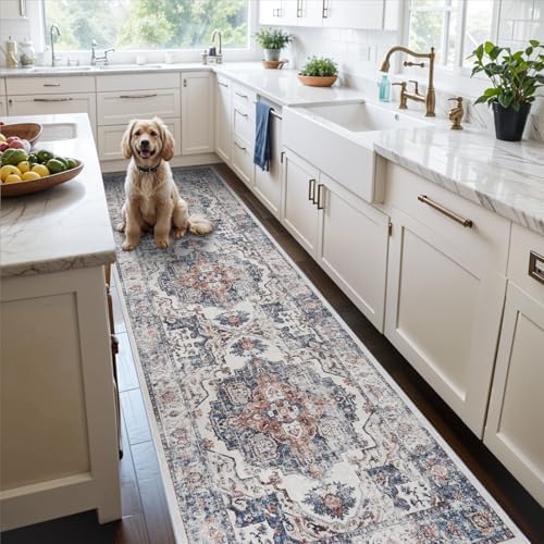 Hallway Washable Runner Rug - 2x10 Kitchen Rugs Entryway Rug Runner Vintage Soft Floor Mat Non Slip Indoor Farmhouse Carpet for Bathroom Living Room Bedroom (2 X 10, Brick) by HYHAOYUNLAI