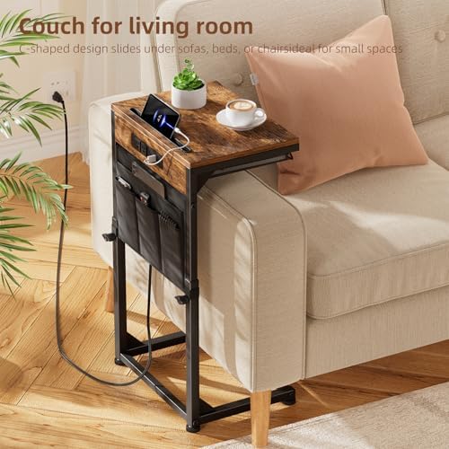 Simple Trending Side Table, C Shaped End Table with Charging Station, Couch Table with Storage Bag, Adjustable Height, Rustic Brown - Image 4