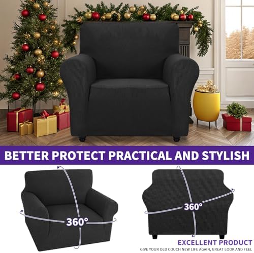 ZNSAYOTX Super Stretch Chair Slipcover Universal Sofa Chair Covers for Living Room Dogs Pet Furniture Protector Spandex Armchair Slipcovers with Anti Slip Foam Sticks (Black, Chair) - Image 2