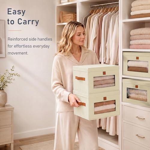 DIMJ Storage Bins with Lids - 6 Pack Front Opening Stackable Fabric Storage Boxes with Clear Window & Handles, Collapsible Closet Organizers for Clothes, Sweaters, Shelf Storage, Bedroom, Beige - Image 5
