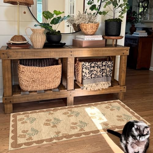 Front Door Mat Indoor Entrance - 2x4.3 Ft Tan Floral Washable Layered Doormat Outdoor Entrance Porch Rug Non-Slip Neutral Country Jute-Look Runner Rug for Kitchen Mud Laundry Room Porch Decor - Image 5