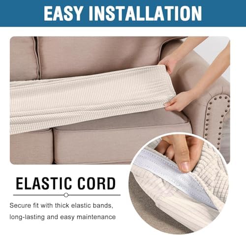 H.VERSAILTEX Super Stretch Individual Seat Cushion Cover Sofa Covers Couch Cushion Covers Slipcover Sets Thick Jacquard Textured Twill Fabric (3 Piece Sofa Cushion Covers, Ivory) - Image 5