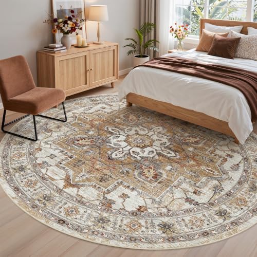 Madane Washable 9ft Circle Round Rug, 9x9 Circular Area Rugs, Turmeric/Grey - Image 3