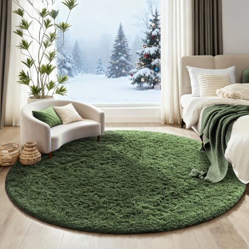 Ophanie Round Rug 6Ft Grey Green Circle Area Rug, Grayish Green Room Decor, Fluffy Fuzzy Bedroom Carpet, Plush Soft Shaggy Living Room Rugs for Decor Aesthetic, Nursery with Over 99 pcs Pile fibers - Image 5