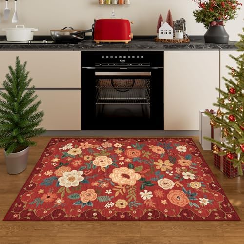 DUKINO 2x3 Entryway Rug, Floral Door Mat Soft Washable Rug Non Slip, Red - Image 3