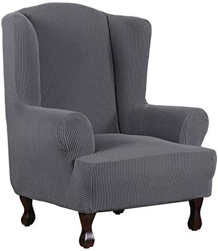 H.VERSAILTEX Wing Chair Slipcover Chair Covers for Wingback Chairs Wingback Chair Covers Slipcovers 1 Piece Stretch Sofa Cover Furniture Protector Spandex Jacquard Checked Pattern, Grey by HVERSAILTEX