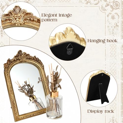 2 Pcs Small Gold Mirror Vintage Decorative Wall Mirror 10 x 6.8 and 8.5 x 6 Inch Desk Makeup Mirrors Antique Hanging Mirrors with Stand for Bedroom Living Room Dresser Victorian Decor - Image 6