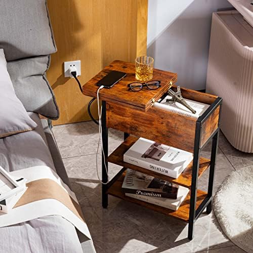 Yoobure End Table with Charging Station, Flip Top Side Table with USB Ports and Outlets, Sofa Couch Table Bedside Table for Living Room Bedroom, Narrow Nightstand with Storage Shelves for Small Space - Image 6