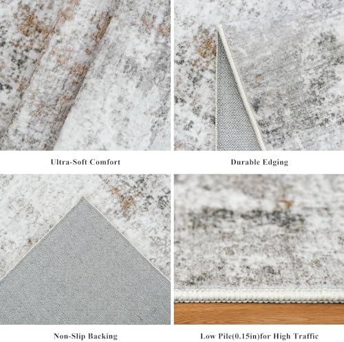 4x6 Washable Entryway Rug – Non-Slip Low-Pile Small Area Rug for Kitchen Bedroom Living Room Office – Modern Abstract Neutral Throw Carpet with Rubber Backing (Beige, Grey) - Image 5