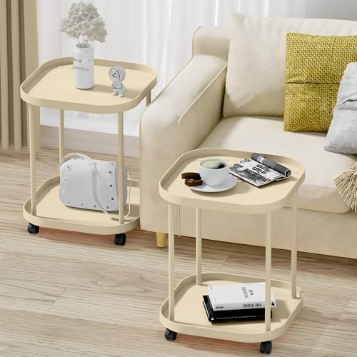 Side Table with Wheels, 2-Tier End Table Small Night Stand - Image 2