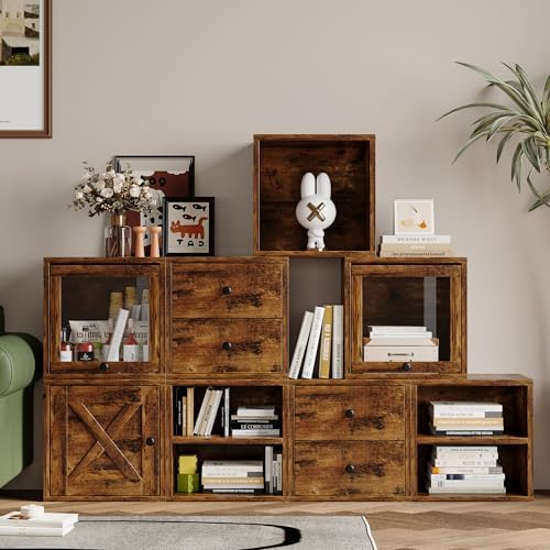 FUSUNBAO Magic DIY Cube Storage Organizer Stackable Cubes for Home Books Clothes Toy-Modular Cubby Storage System-Office Cubical-Bookcase Closet(Antique Brown, Glass Door Cube) - Image 6