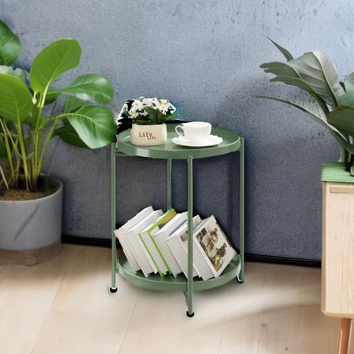 TeoKJ 2 Tier Green Side Table, Folding Round Metal End Table Small Nightstand with Two Removable Tray for Bedroom Living Room Bedside Small Spaces Dark Green - Image 5
