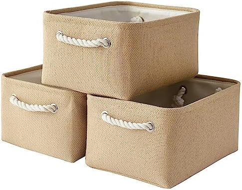 TheWarmHome Storage Bins for Shelves - Medium 3Pack 13.8L*9.8W*6.7H inch Canves Storage Basket for Organizing, Fabric Storage with Handles for Clothes Baby Dog Toys(Beige) by TheWarmHome