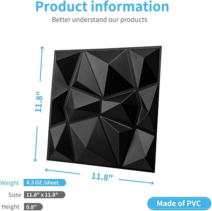 Art3d Decorative 3D Wall Panels in Diamond Design, 12"x12" Matt Black for Home and Office Decor (33 Pack) - Image 4