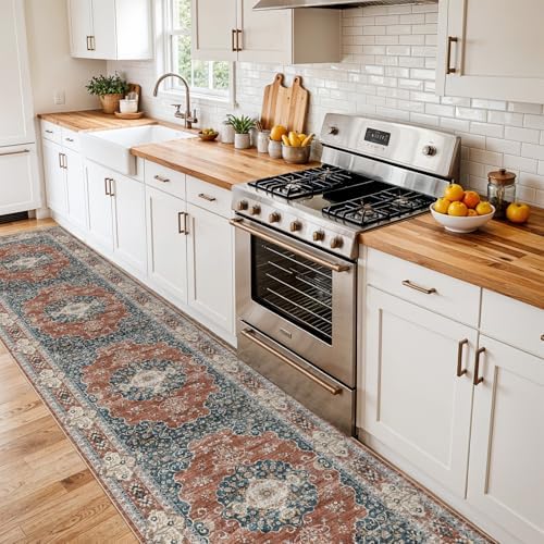 3x14 Runner Rug Washable Vintage: Non Slip Long Hallway Runners Brick/Blue - Image 2