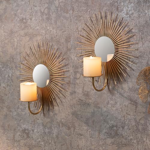 AIM & GGKK Wall Candle Sconce Holder,Set of 2 Mirror Wall Mounted Metal Candle Holder for Home,Living Room, Dining Room,Rustic Farmhouse Boho Decorations - Image 5