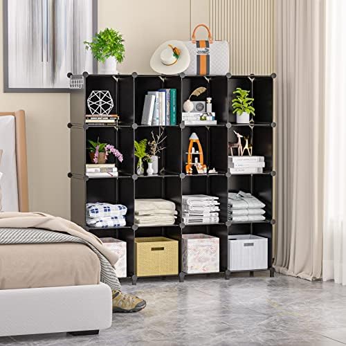 Neprock 16 Cubby Storage Organizer, Closet Clothes Storage Organizer, Cube Shelves Closet Organizers and Storage Shelves for Clothing Storage with Hammer, Bookshelf for Kids（Black） - Image 2