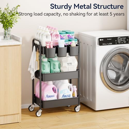 YASONIC 3 Tier Rolling Cart, Heavy Duty Metal Utility Cart with Wheel Black - Image 2