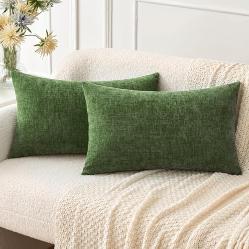 MIULEE Soft Chenille Lumbar Throw Pillow Covers Moss Green 12x20 Pack of 2 by MIULEE