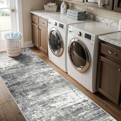 Washable 2X10 Kitchen Area Rug: Entryway Abstract Rug Runner Soft Bedroom Besides Floor Mat Non-Slip Indoor Farmhouse Carpet for Bathroom Living Room Stain Resistant Runner for Family(2x10,Black/Grey) - Image 5