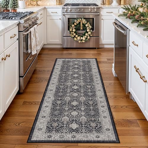 Hallway 2x5 Washable Runner Rug: Oriental Stain Resistant Kitchen Entryway Rugs Farmhouse Ultra Soft Bathroom Bedroom Print Floor Mat Thin Non Slip Indoor Carpet for Living Room Laudry(2X5,Black) - Image 2