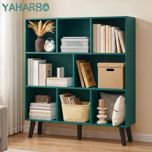 YAHARBO 8 Cube Bookshelf,3 Tier Bookcase with Legs,Dark Green Mid-Century Modern Bookshelves,Large Free Standing Open Storage Organizer Shelf,Tall Wooden Book Case Furniture for Bedroom,Living Room - Image 3