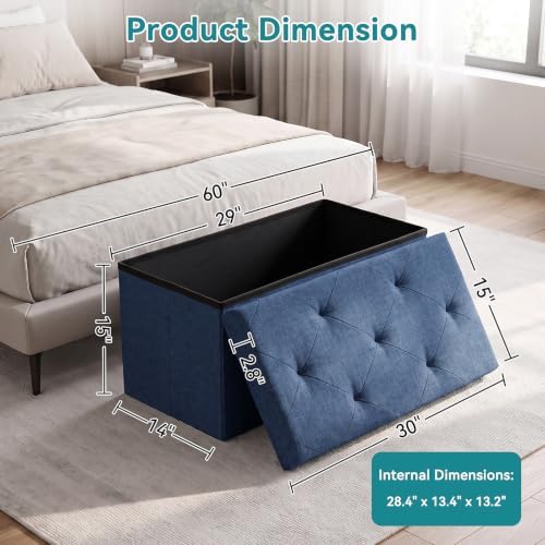 OLIXIS 30 Inch Folding Storage Ottoman Bench, Blue Ottoman with Storage - Image 3