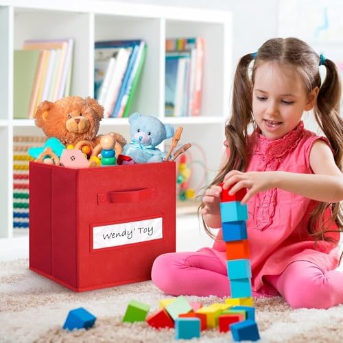 Fabric storage cubes (Set of 8) 11 Inch Cube Storage Bin, Cube storage with 8 Labels Window Cards & a Pen, Foldable cube organizer bins,11x11 Storage bin, Cubby Organizer Boxes, Red - Image 5