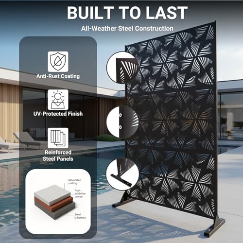 72in Metal Privacy Screen Outdoor Decorative Panel – Freestanding Rustproof Steel Patio Divider for Garden, Backyard, or Balcony, Modern Laser Cut Design for Stylish Privacy & Outdoor Decor - Image 3