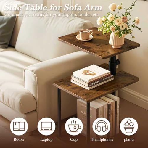 Faesun 360° Swivel Side Table for Height Adjustable, C Shaped End Table for Couch with Storage, 3-Tier Night Stand with Open Shelf, Tv Tray for Small Spaces, Living Room, Bedroom, Rustic Brown - Image 4