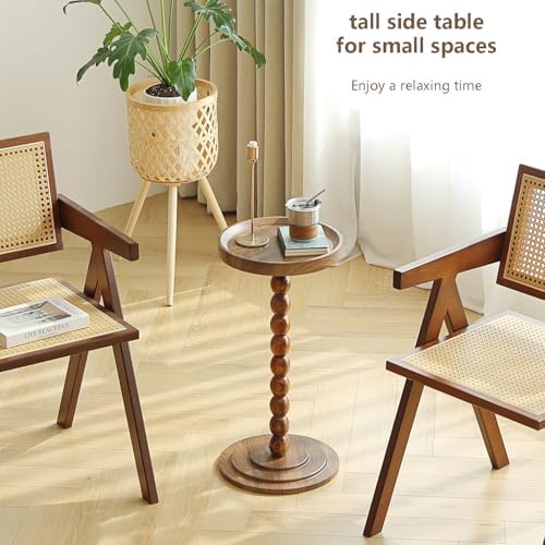 Round Pedestal SideTable Living Room, 24 in tall Small Drink Table Walnut - Image 3