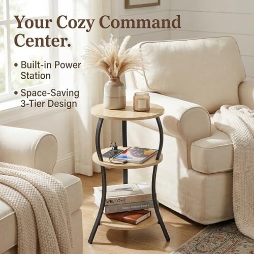 YEAKOO Small Side Table with Charging Station,3-Tier Round end Table - Image 6