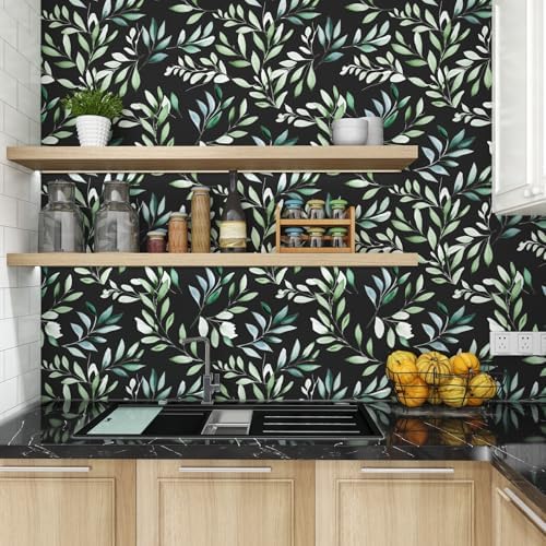 Danodoi Black Green Vintage Leaves Peel and Stick Wallpaper 17.5" x 393" | Waterproof Vinyl Self Adhesive Removable Renter Friendly Floral Contact Paper - Image 2
