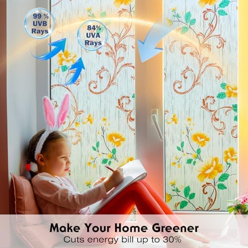 Volcanics Stained Glass Window Film, Frosted Glass Window Privacy Film, Decorative Window Clings, Floral Design Static Cling Sun Blocking Tint for Bathroom, 17.5 x 78.7 Inch - Image 4
