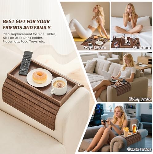GEHE Bamboo Sofa Arm Tray, Foldable Couch Arm Tray Side Table, Anti-Falling Armrest Tables Cup Holder for Snacks, Drinks, Beers, Phone, Control, Flexible and Portable, Anti-Slip Bottom - Image 3