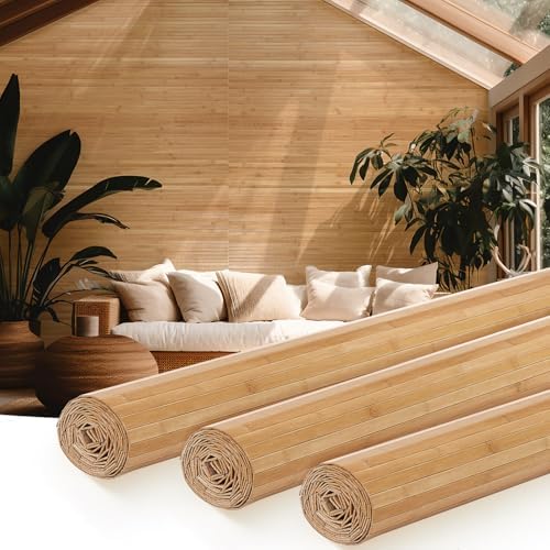Juexica 3 Pcs Natural Bamboo Wall Panel for Interior Wall 48''x96'' Bamboo Covering Renewable Pole Wainscoting Room Divider Wrap Decor for Bedroom Living Room Kitchen Island Office (Carbonized) by Juexica