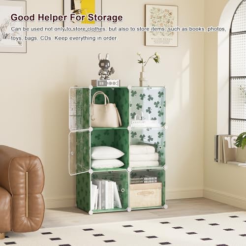 C&AHOME Clover Embossed Storage Organizer with Doors 6-Cube Shelf Green - Image 4