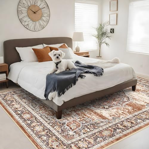 Washable Rug 8x10 Area Rugs: Super Soft Ultra-Thin Carpet - Non-Slip Backing Rugs for Bedroom Dining Room - Stain Resistant Vintage Large Area Rug 8'x10' Brick - Image 4