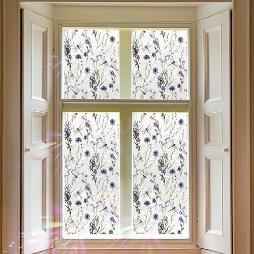 Floral Static Window Privacy Film Watercolor Laser Suncatcher Cling 3D Living Room Sun Blocking Decal DIY Glass Decor Non-Adhesive Cover by QUCHENG