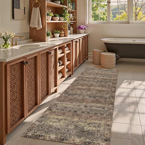 Washable Area Rug 2'6'' x 8' Vintage Traditional Persian Mat - Foldable Distressed Non-Slip Machine Washable Carpet for Living Room Bedroom Kitchen Home Decor - Umber and Slate - Image 2