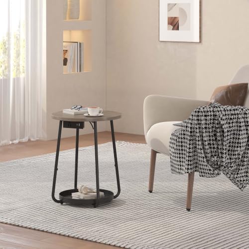 sthmec Small Round Side End Table with Storage, 2 Tier Round Bedside Sofa Couch Coffee Tables with Tray, Metal Nightstand for Small Spaces, Living Room Bedroom, Grey - Image 2