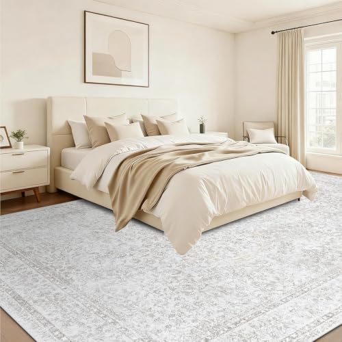 10x14 Area Rugs for Living Room: Washable Large Vintage Floral Rug Low Pile Non-Slip Boho Carpet for Bedroom Home Office Dining Room (FloralGrey, 10'x14') - Image 2
